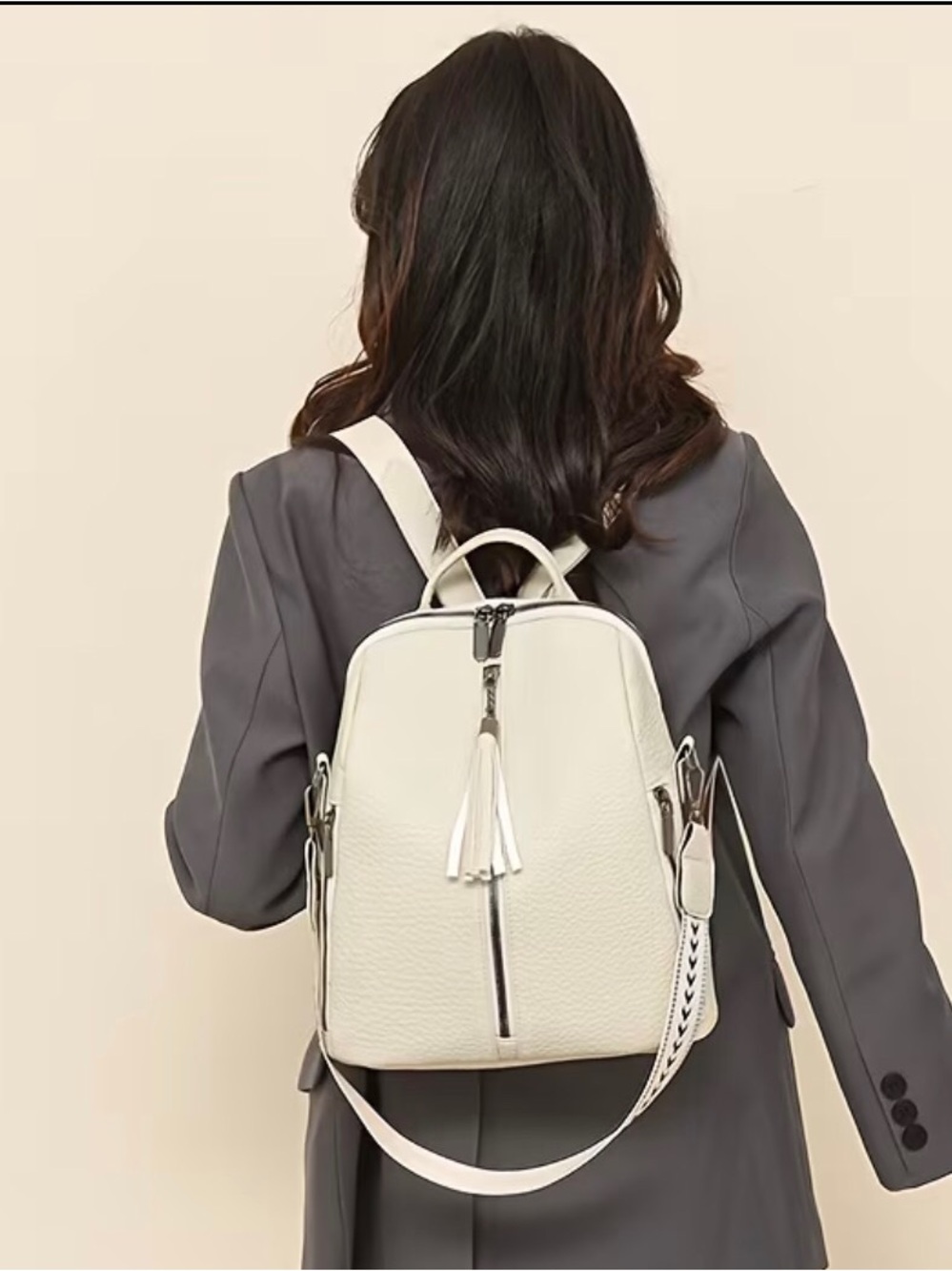 Creamy-White Women's Leather Backpack Purse - Picture 3 of 8